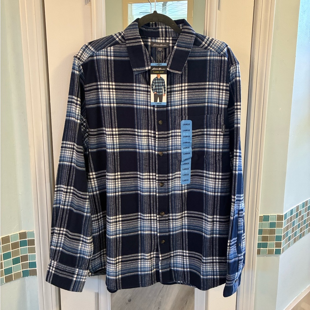 Eddie Bauer Navy and White Plaid Flannel Button Down Shirt